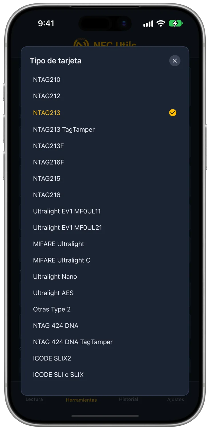 NFC Utils mostrando todos los tipos de tarjeta compatibles en Tipo de tarjeta, empezando por NTAG210.