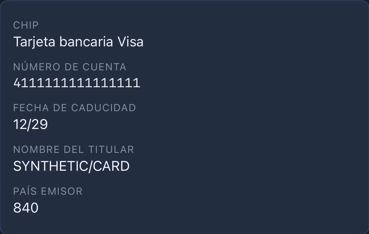 NFC Utils muestra datos de cuenta sintéticos de una tarjeta bancaria.