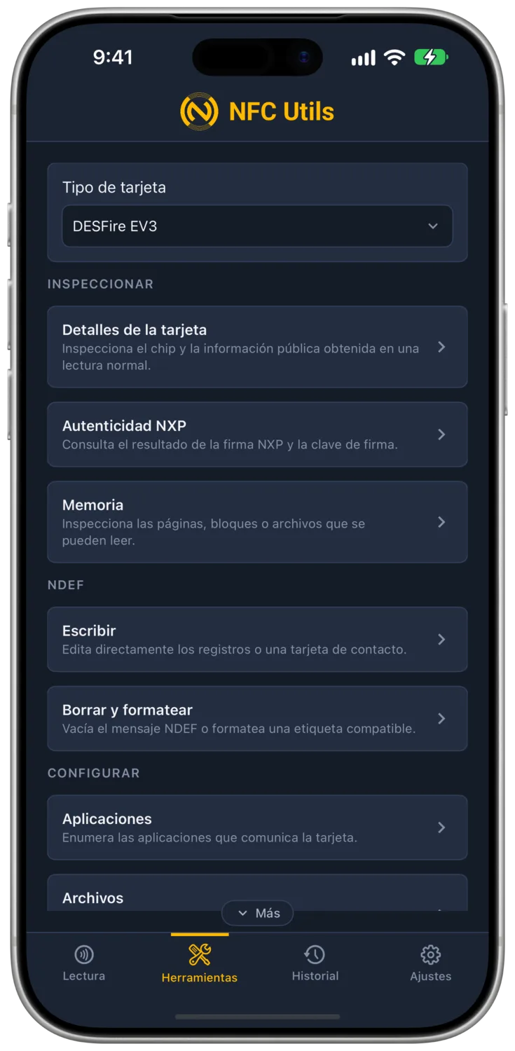 El tipo de tarjeta DESFire EV3, con Aplicaciones, Archivos, Claves y Derechos de acceso entre sus herramientas.