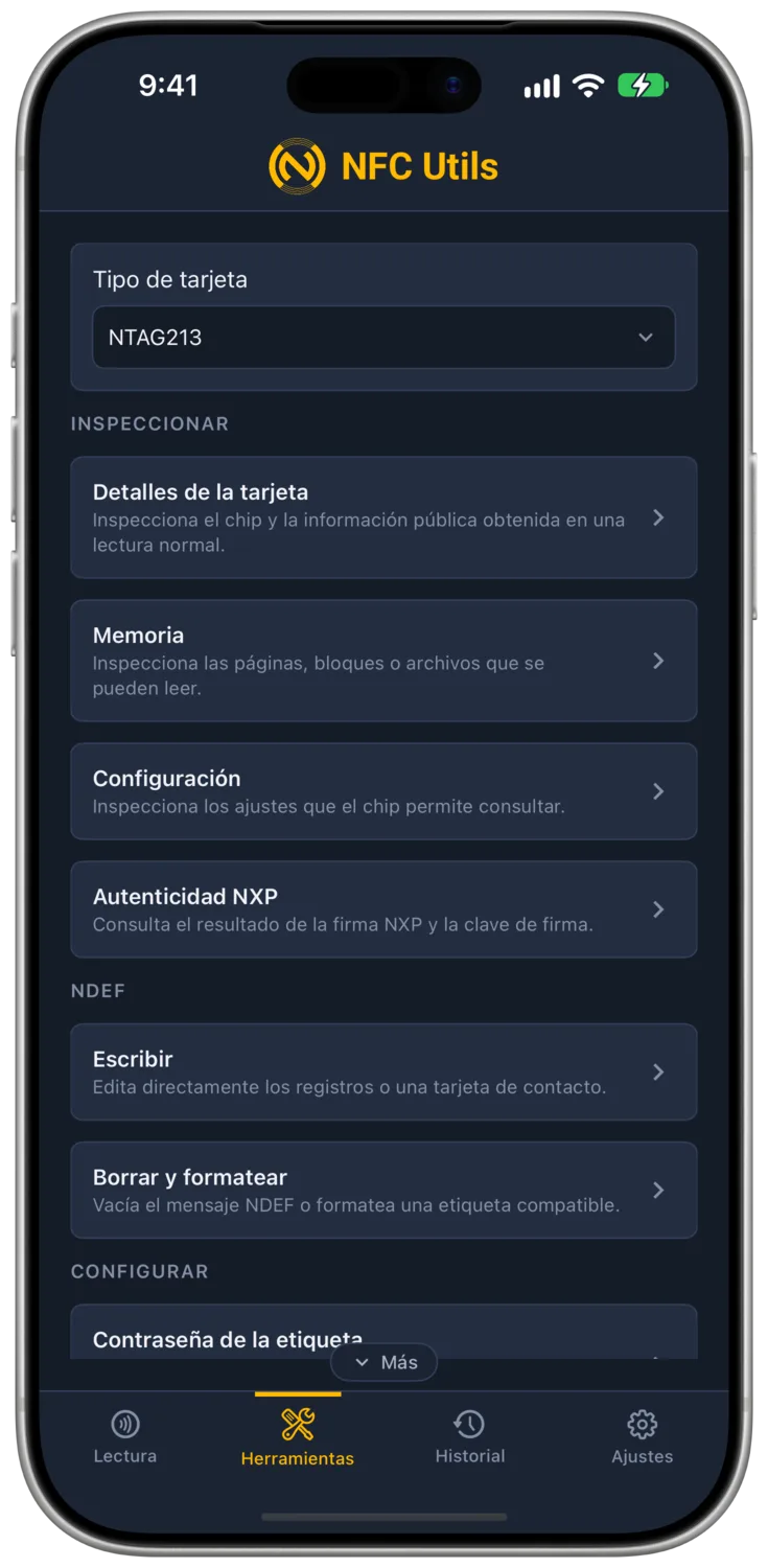NFC Utils mostrando el tipo de tarjeta NTAG213 y sus herramientas.