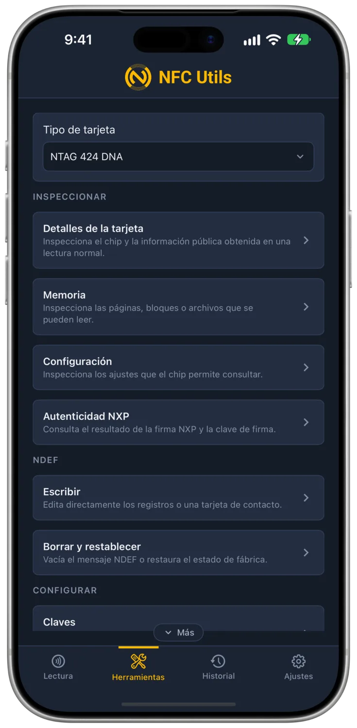 El perfil de tarjeta NTAG 424 DNA y las secciones de herramientas compatibles