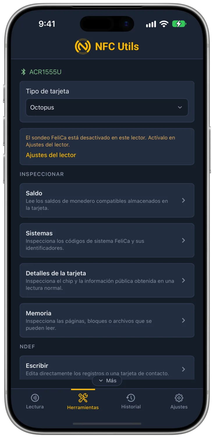 Las herramientas de Transporte y FeliCa explicando que el sondeo FeliCa está desactivado en el lector conectado