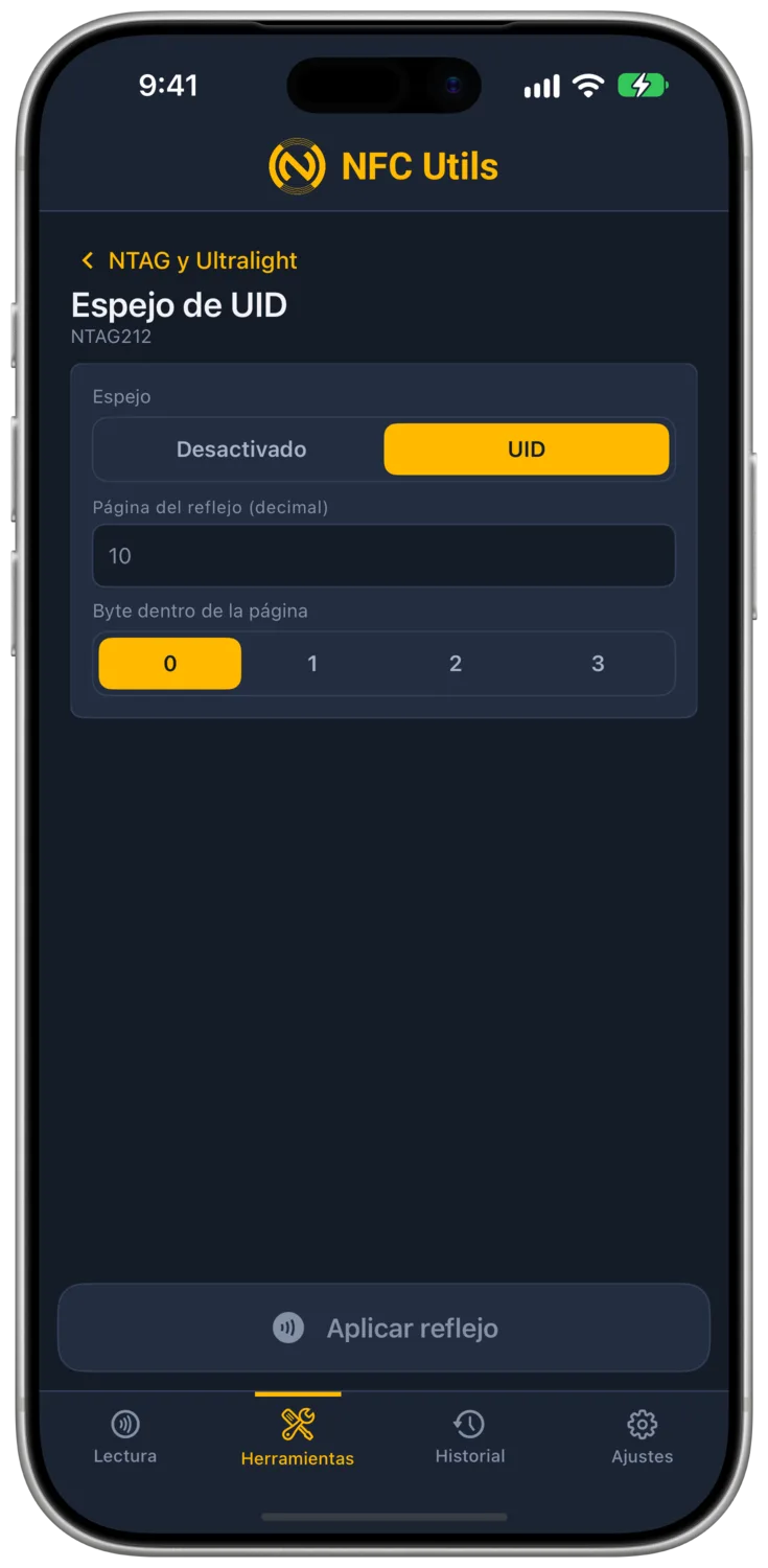 La herramienta Espejo de UID del NTAG212 con las opciones Desactivado y UID