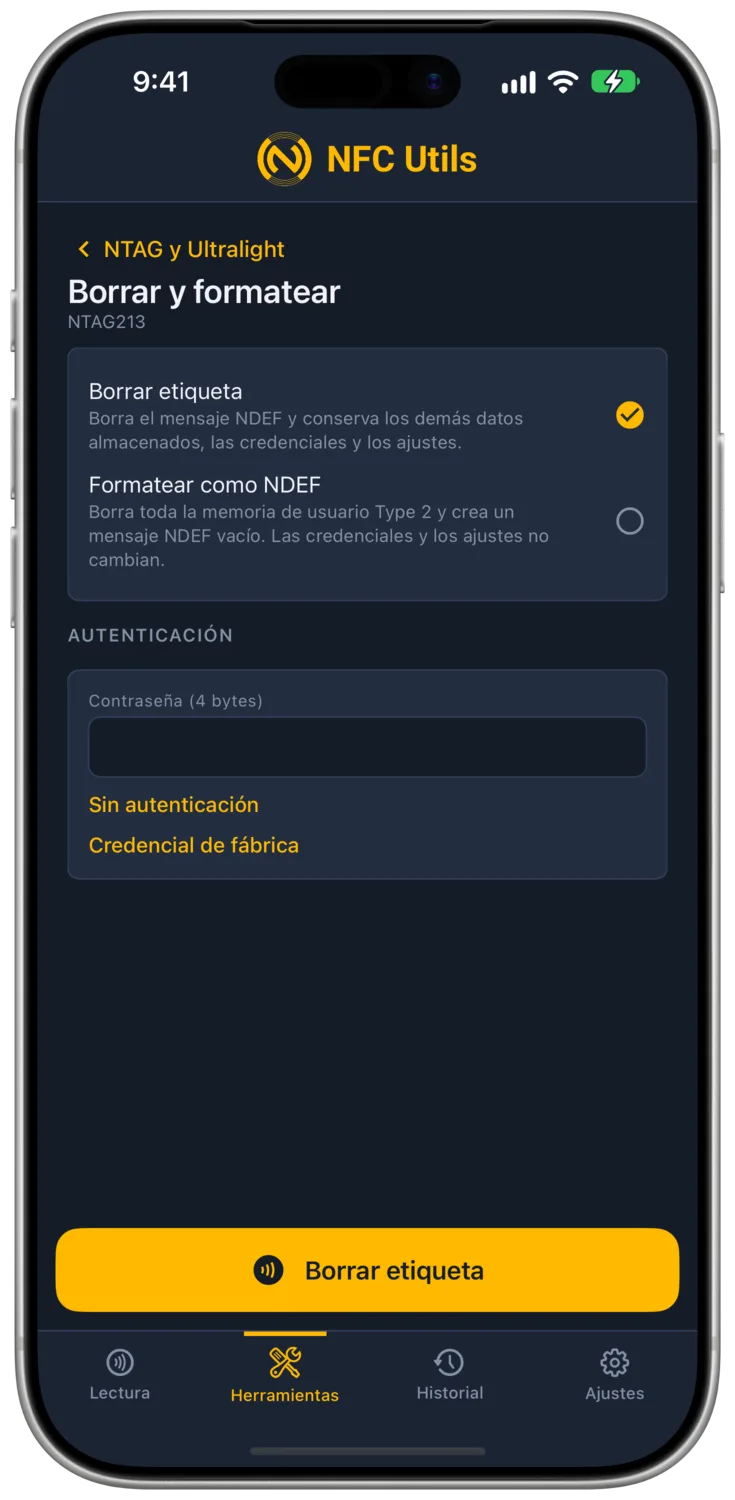 La página Borrar y formatear