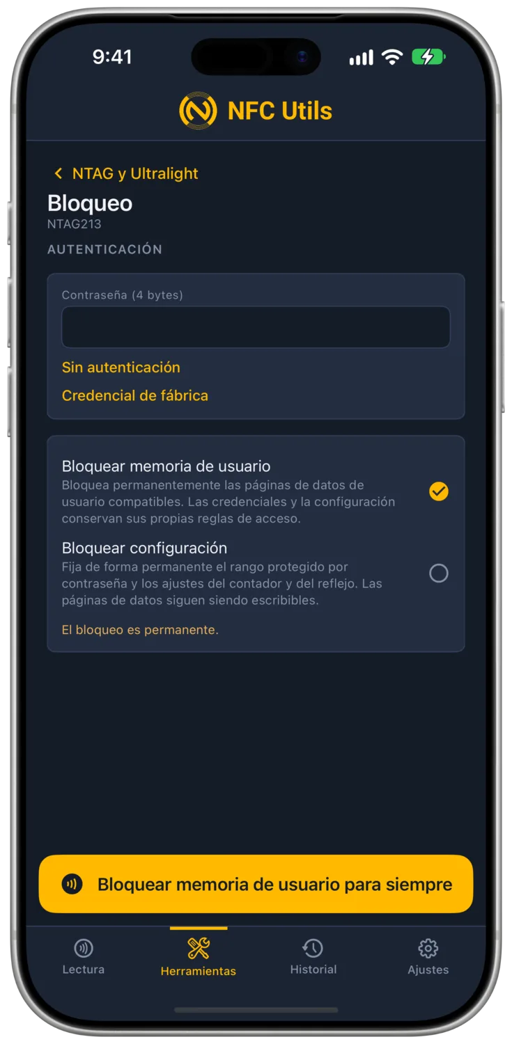 La página Bloqueo