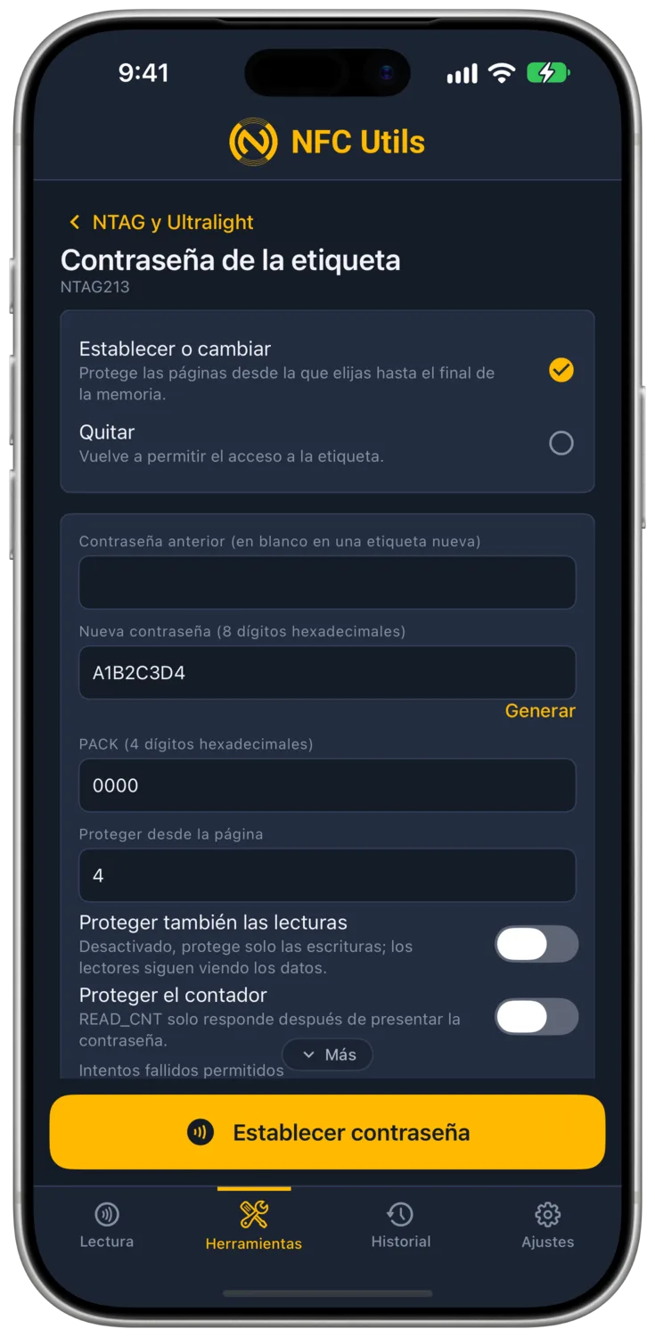 La página Contraseña