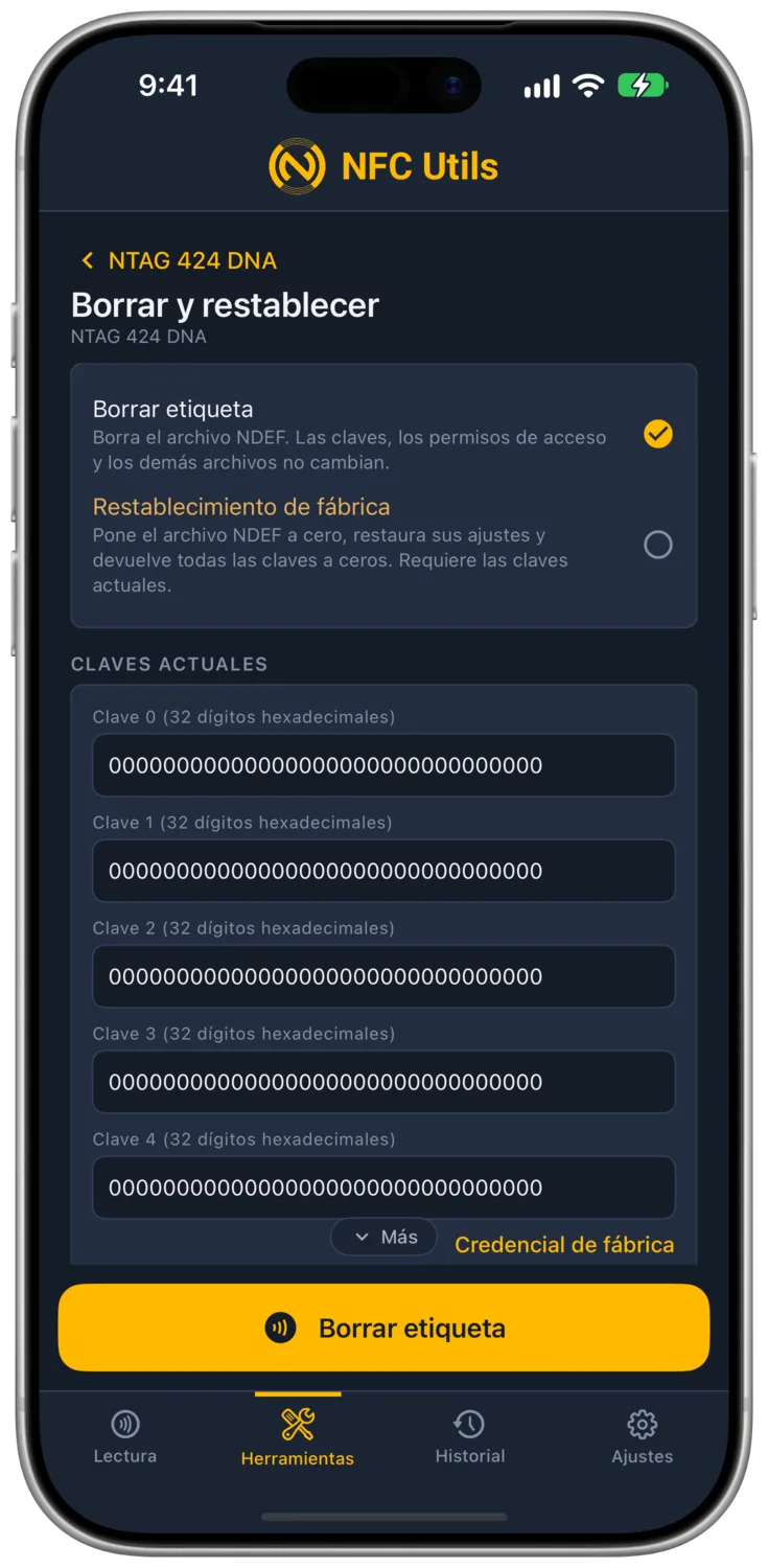 La página Borrar y restablecer