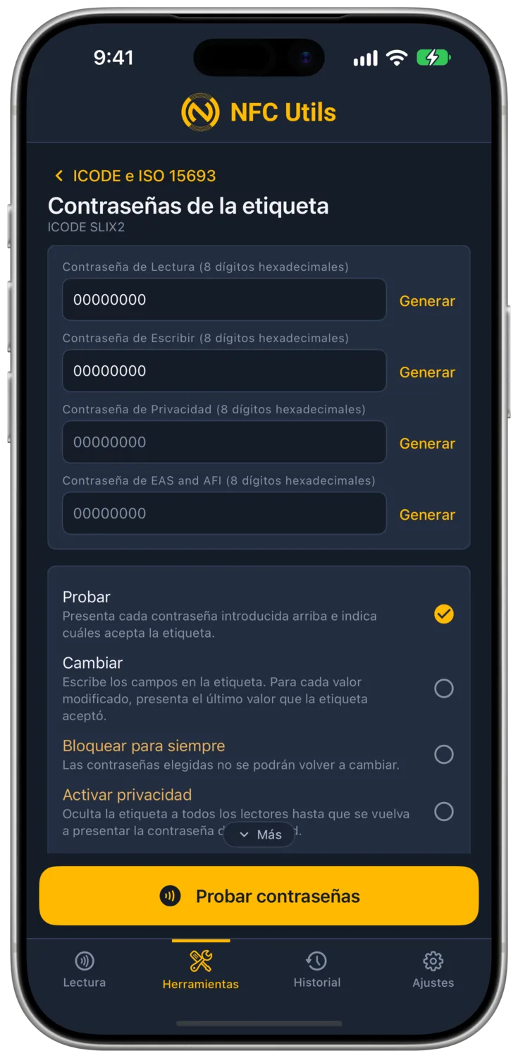 La página Contraseñas de la etiqueta