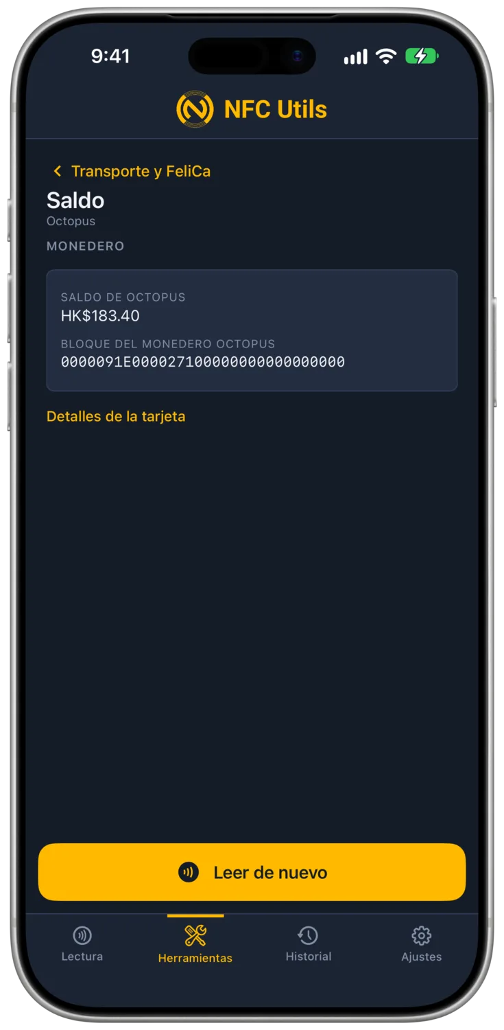 NFC Utils mostrando un saldo de Octopus de HK$183.40