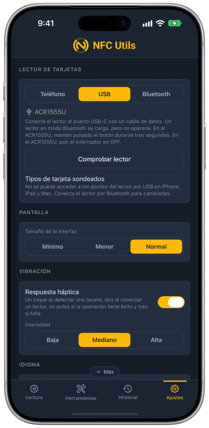 Tipos de tarjeta sondeados en un iPhone por USB explicando que el canal de ajustes del lector no está disponible