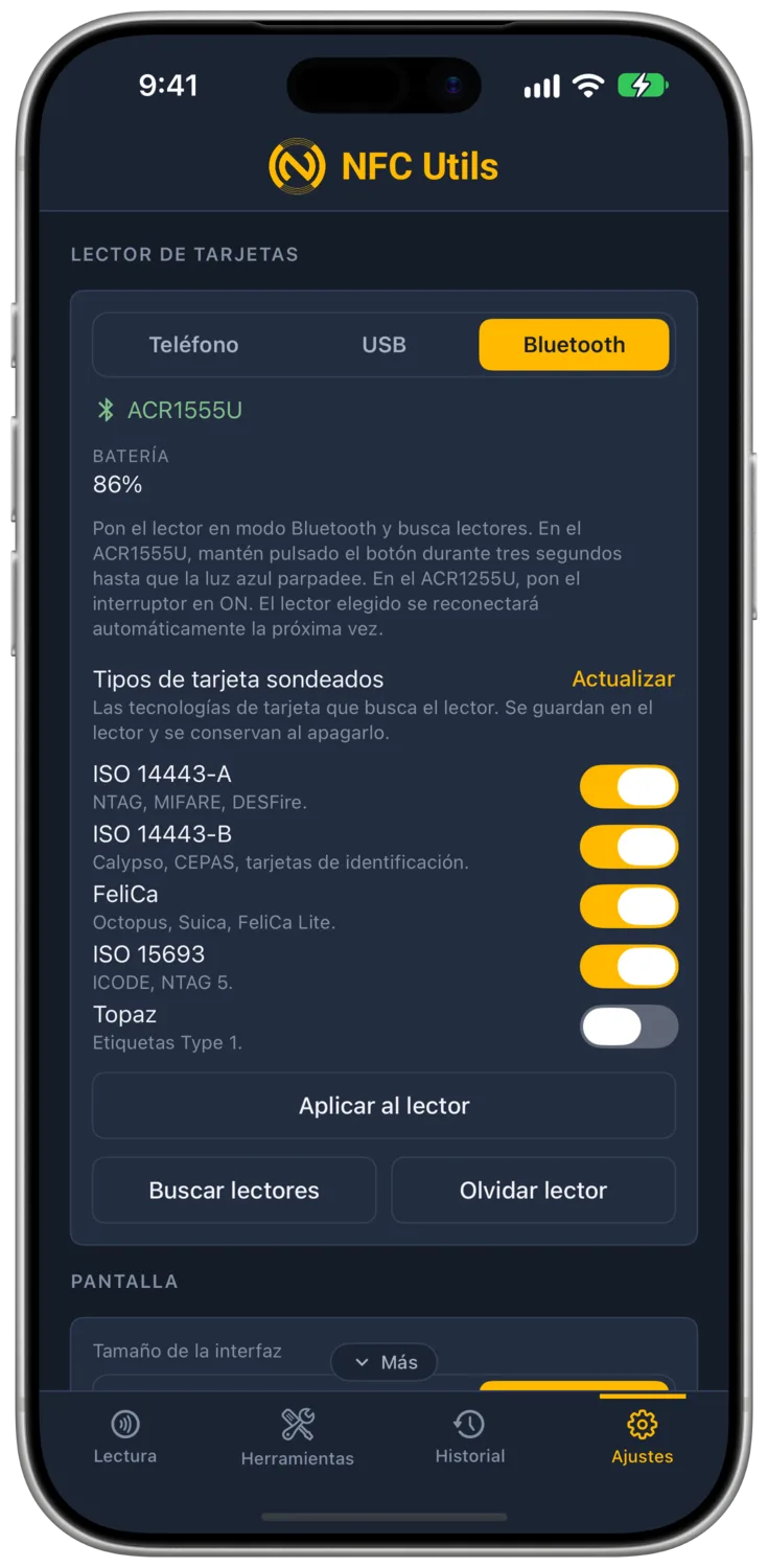 Ajustes de Tipos de tarjeta sondeados en un lector ACS Bluetooth compatible