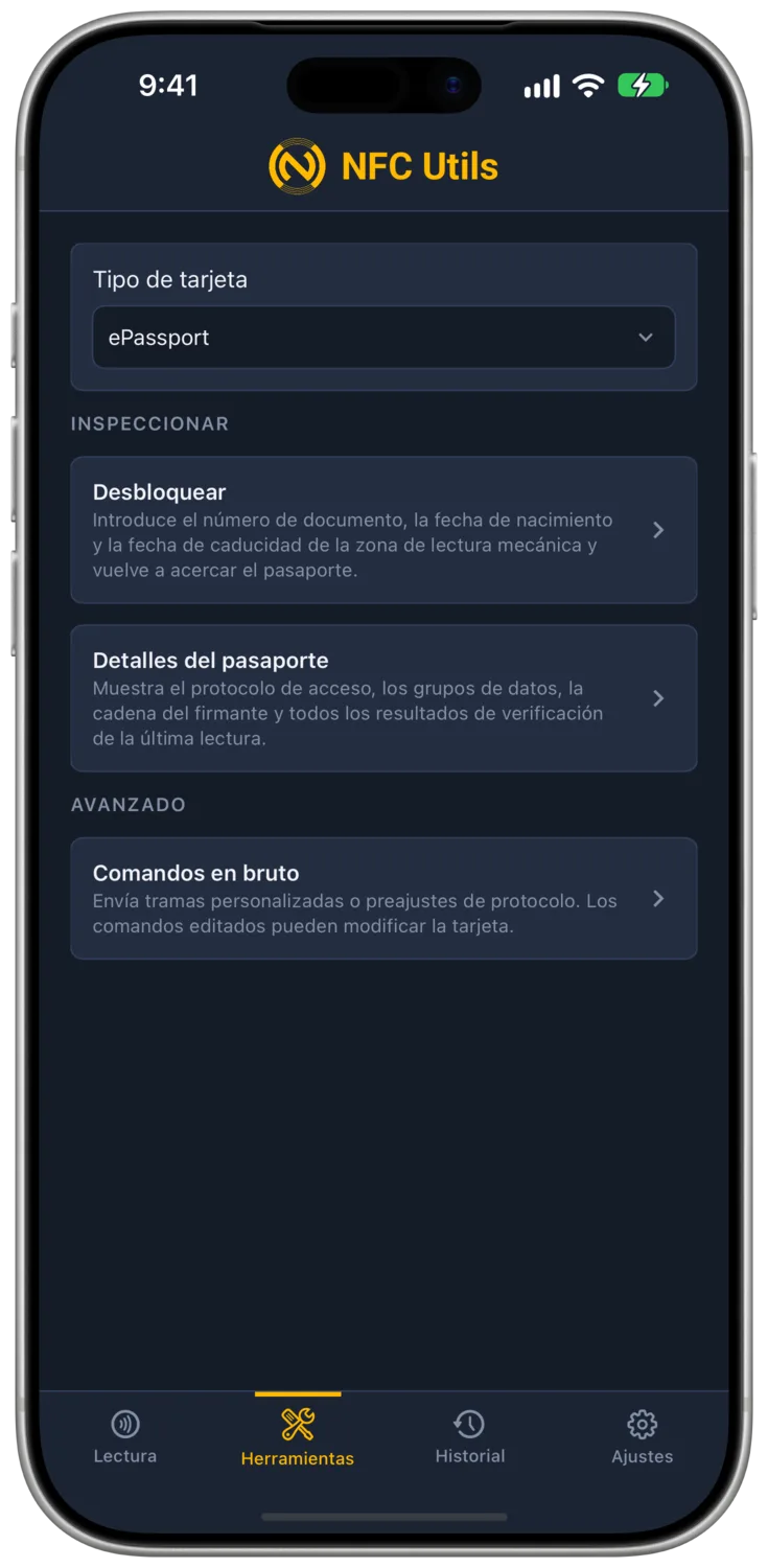 El perfil ePassport de Herramientas con Desbloquear, Detalles del pasaporte y Comandos en bruto.