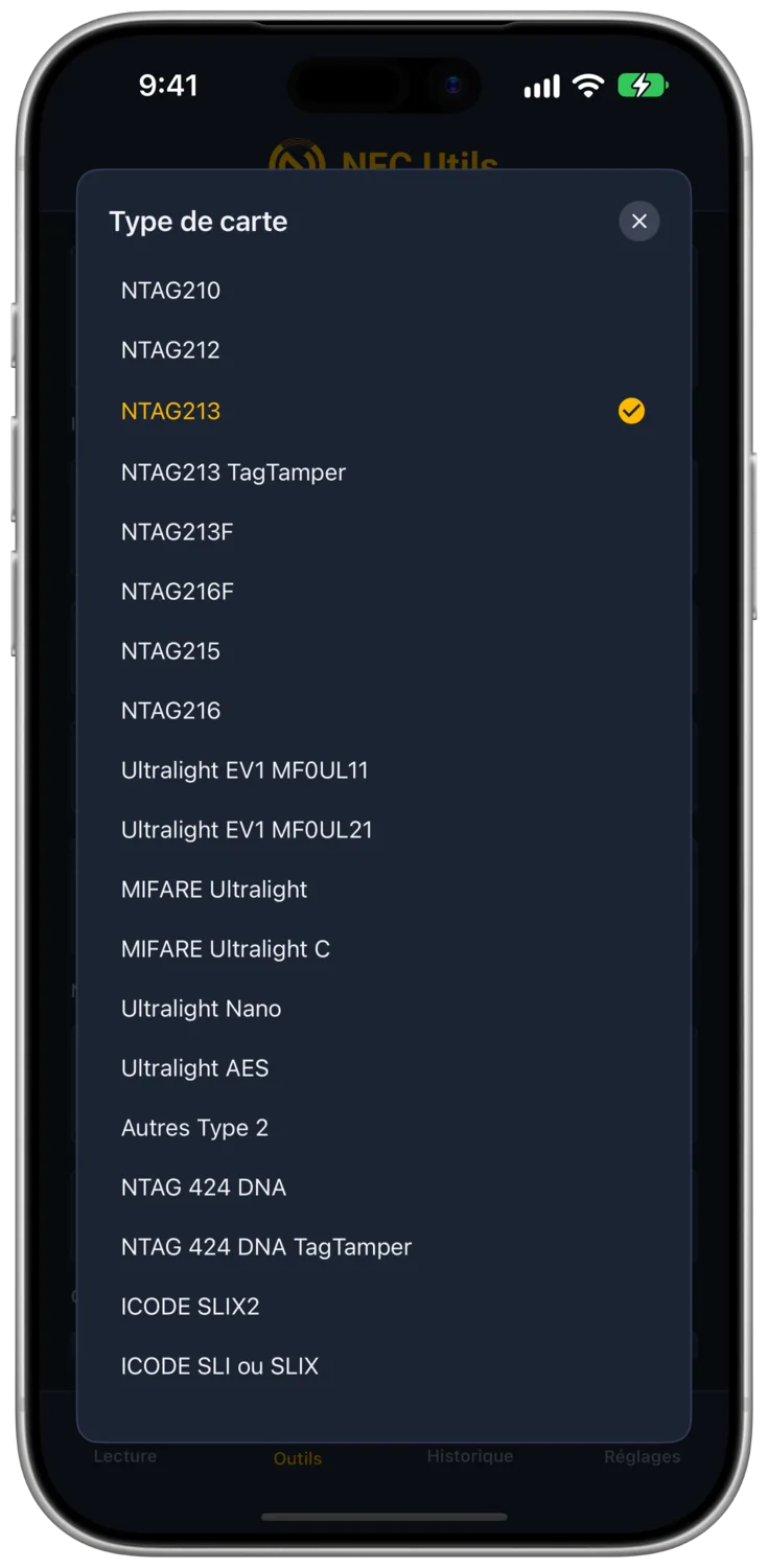 NFC Utils listant chaque type de carte pris en charge sous Type de carte, à commencer par NTAG210.