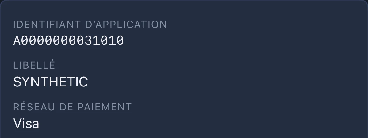 NFC Utils affiche l’identifiant, le libellé et le réseau d’une application de paiement synthétique dans Analyse complète.