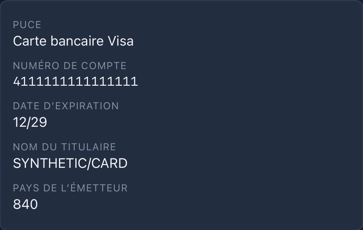 NFC Utils affiche des données de compte synthétiques d’une carte bancaire.
