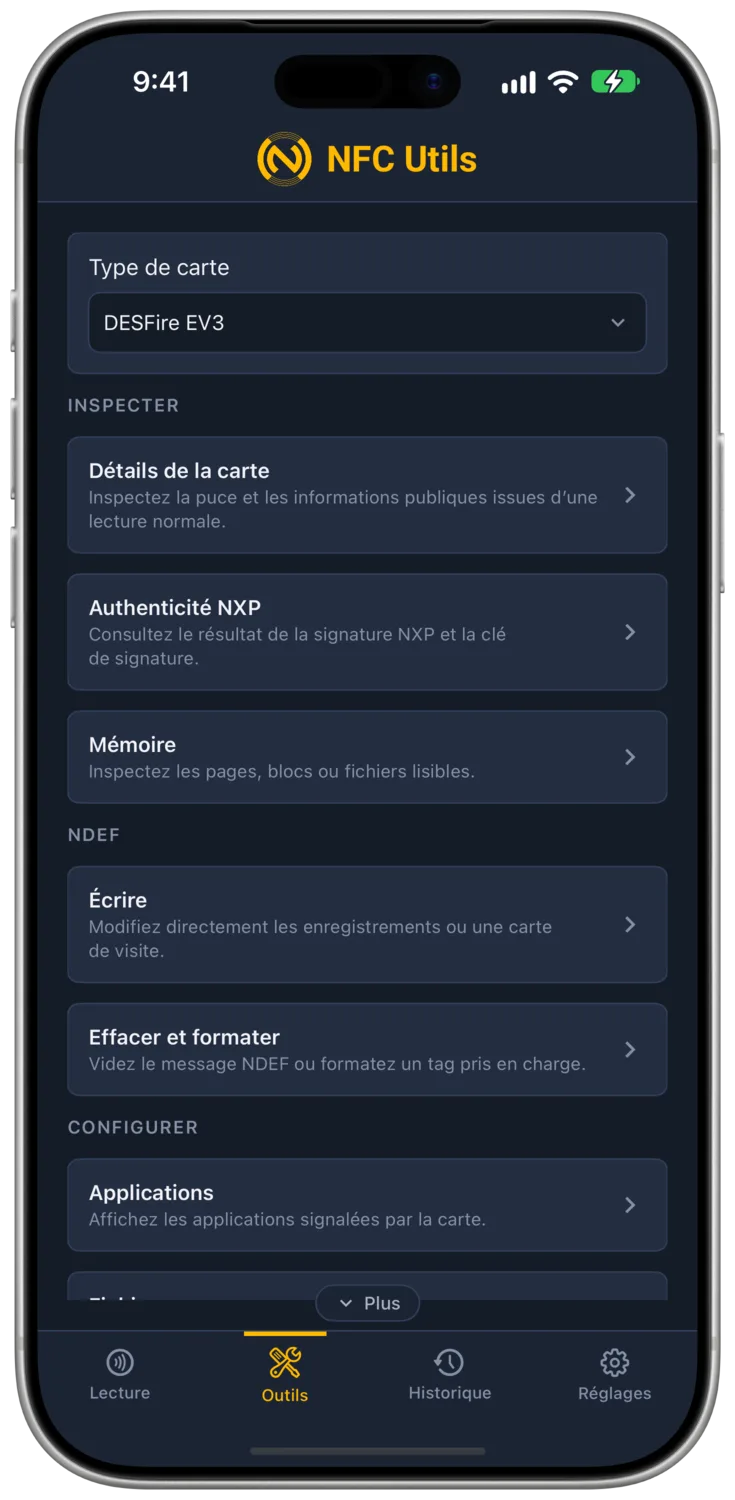 Le type de carte DESFire EV3, avec Applications, Fichiers, Clés et Droits d’accès parmi ses outils.