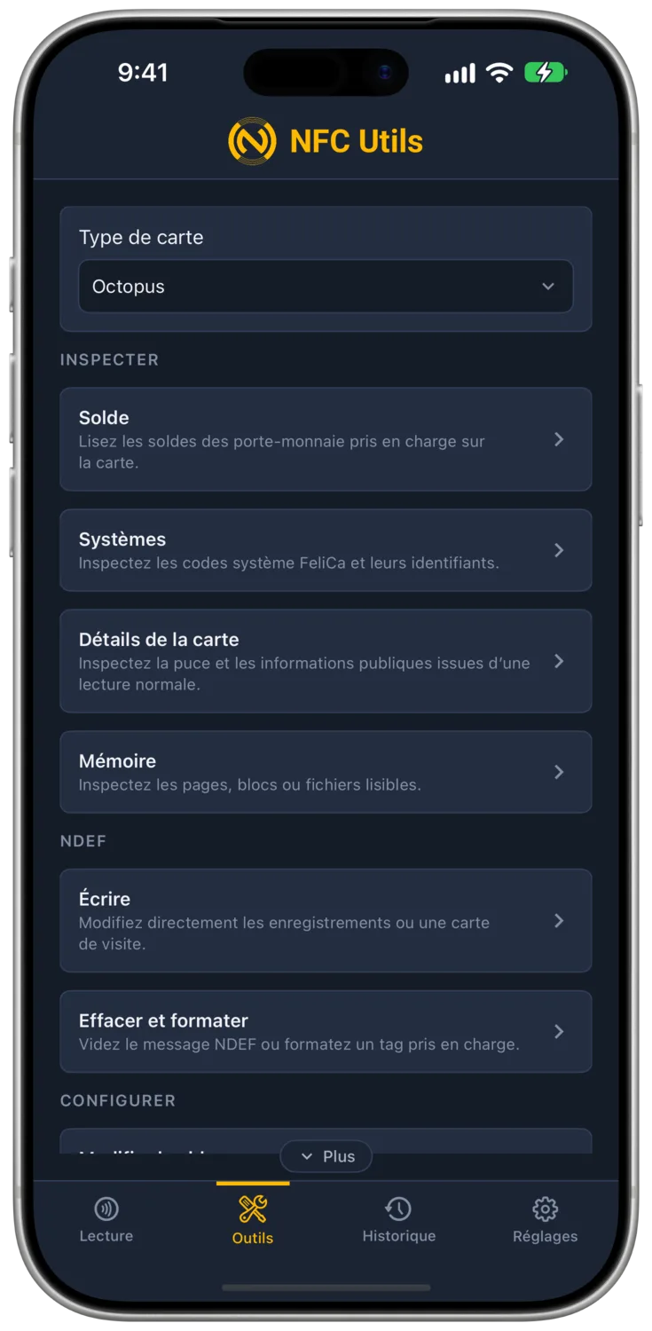 Le type de carte Octopus et ses outils de transport.