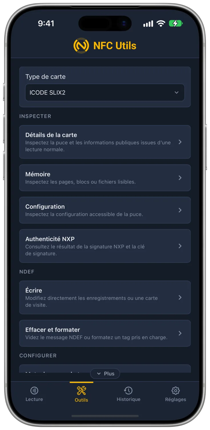 Le type de carte ICODE SLIX2 et ses outils.
