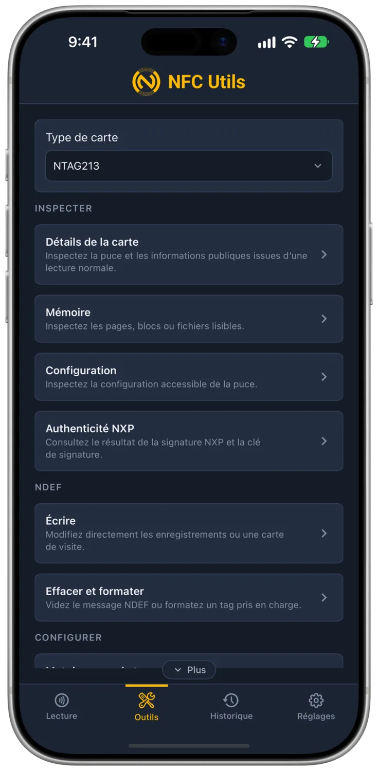NFC Utils affichant le type de carte NTAG213 et ses outils.
