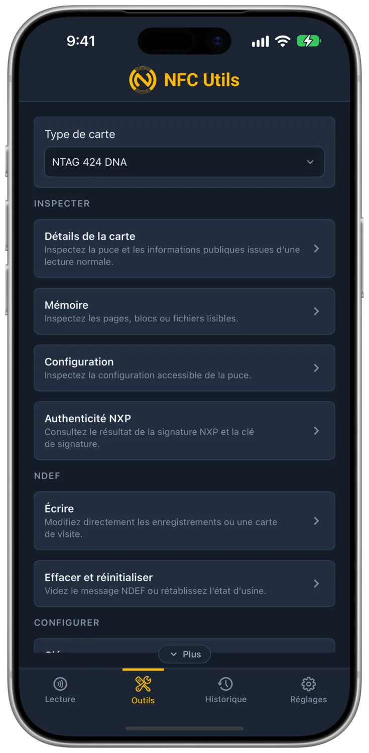 Le profil de carte NTAG 424 DNA et ses sections d’outils prises en charge