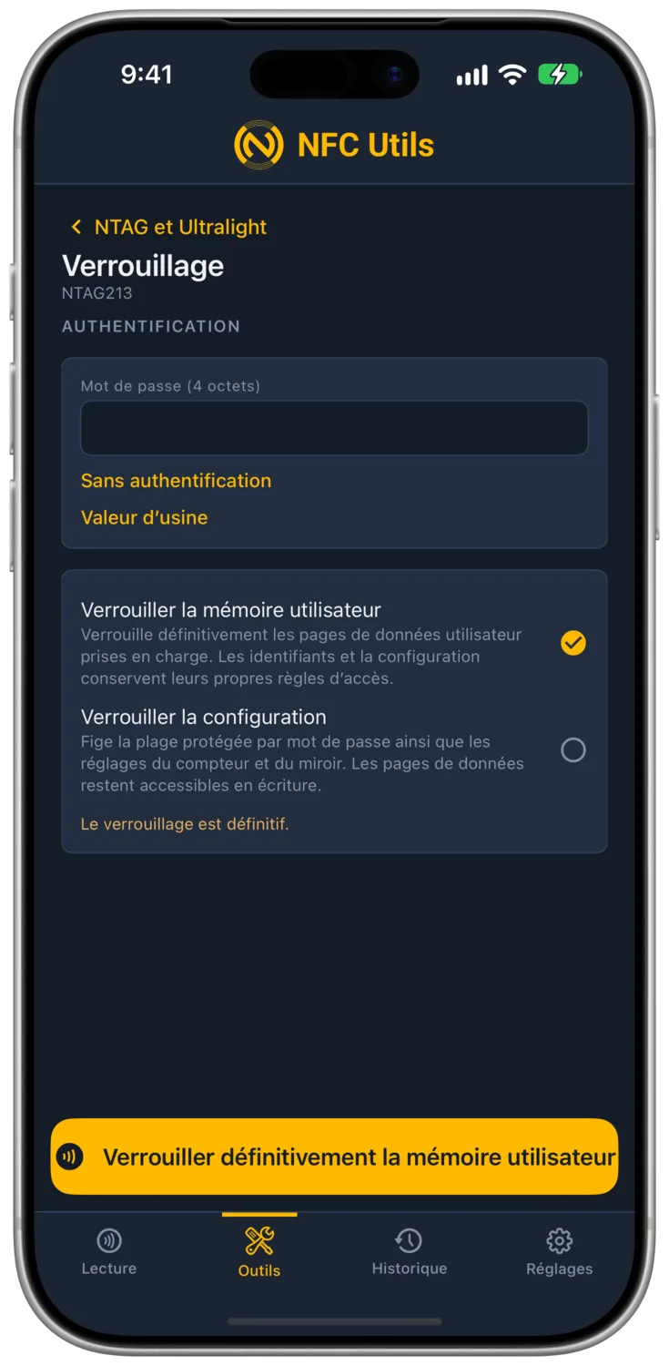 La page Verrouillage