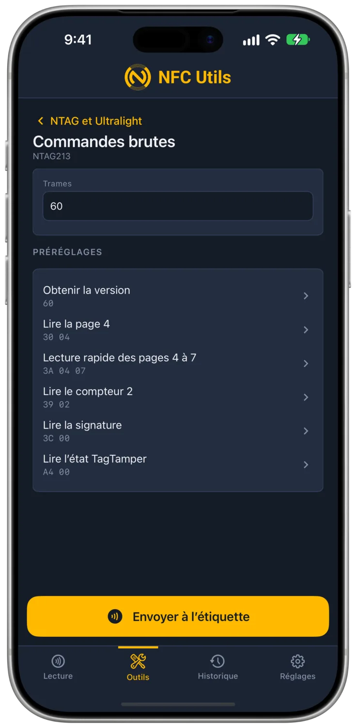 La page Commandes brutes NTAG avec des préréglages de lecture propres à la puce