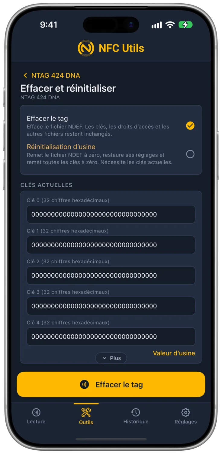 La page Effacer et réinitialiser