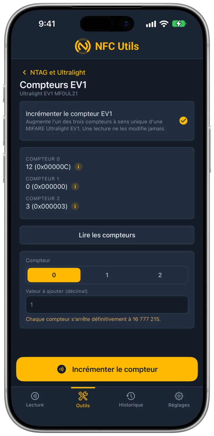 L’outil de compteurs Ultralight EV1 avec trois compteurs et un montant d’incrément