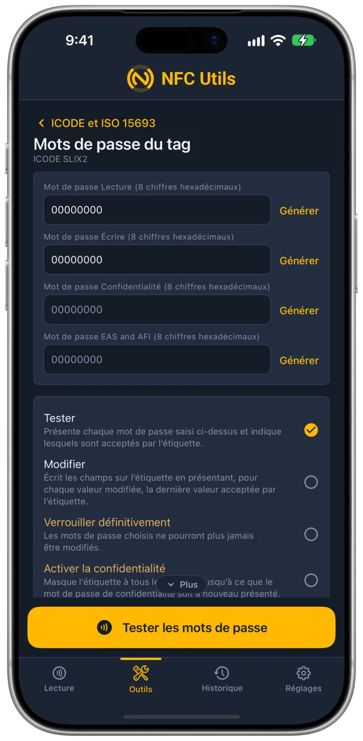 La page Mots de passe du tag