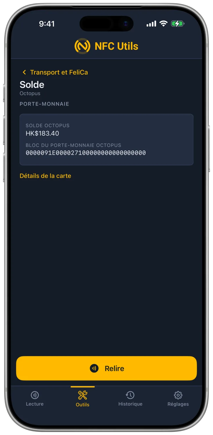 NFC Utils affichant un solde Octopus de HK$183.40