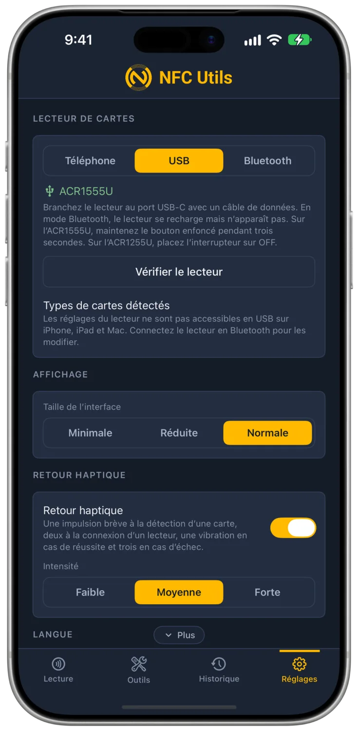 Types de cartes détectés sur un iPhone par USB, expliquant que le canal de réglages du lecteur est indisponible