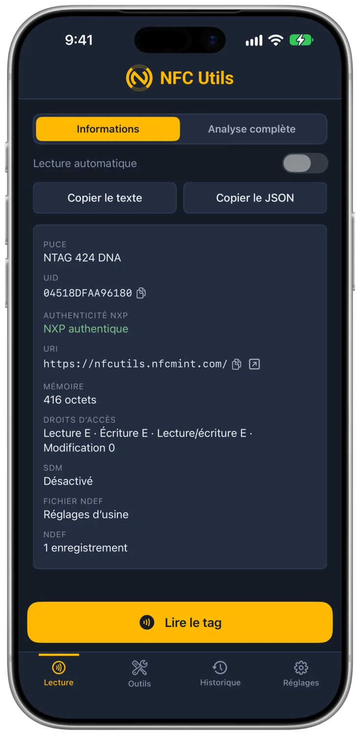 NFC Utils affiche le résultat de la lecture d’une puce NTAG 424 DNA dont la signature d’usine NXP a été vérifiée.