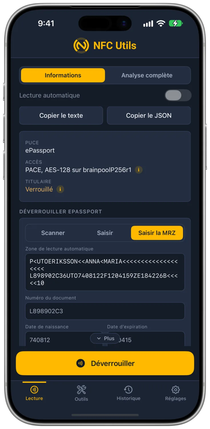L’onglet « Saisir la MRZ » contient le texte de la zone de lecture automatique du passeport de démonstration de l’ICAO.