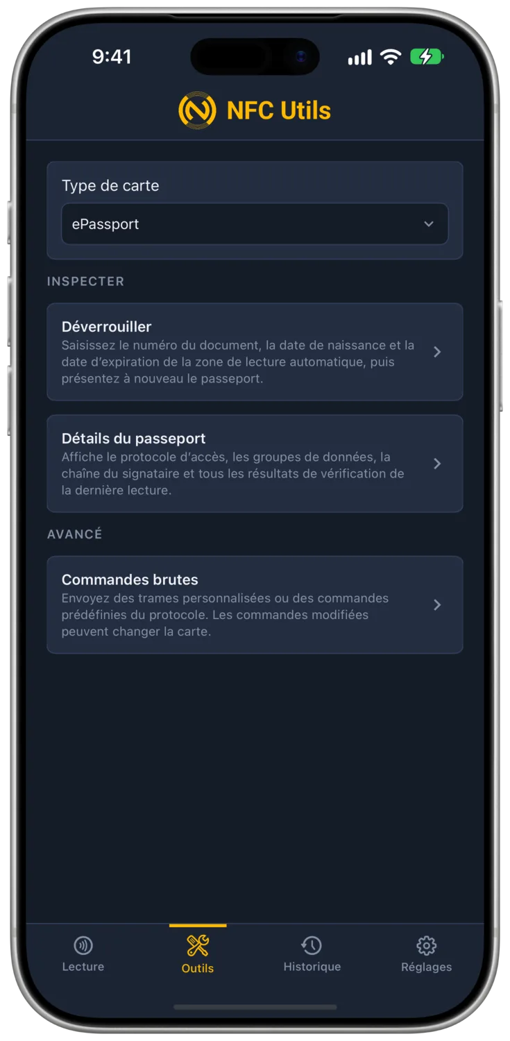 Le profil ePassport dans Outils avec « Déverrouiller », « Détails du passeport » et Commandes brutes.