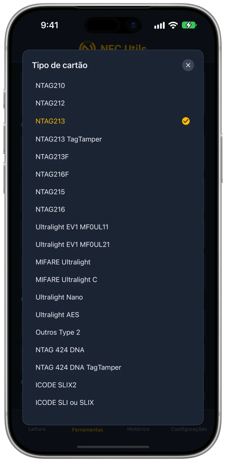 O NFC Utils listando cada tipo de cartão compatível em Tipo de cartão, começando pelo NTAG210.