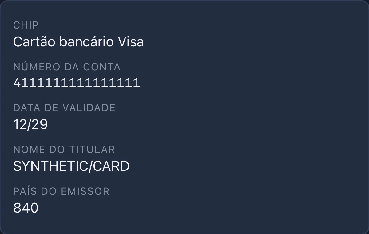 O NFC Utils mostra dados de conta sintéticos de um cartão bancário.
