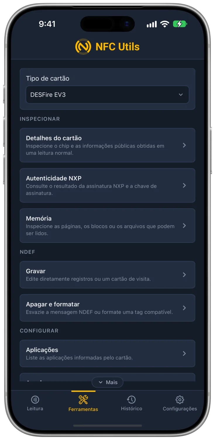 O tipo de cartão DESFire EV3, com Aplicações, Arquivos, Chaves e Direitos de acesso entre suas ferramentas.