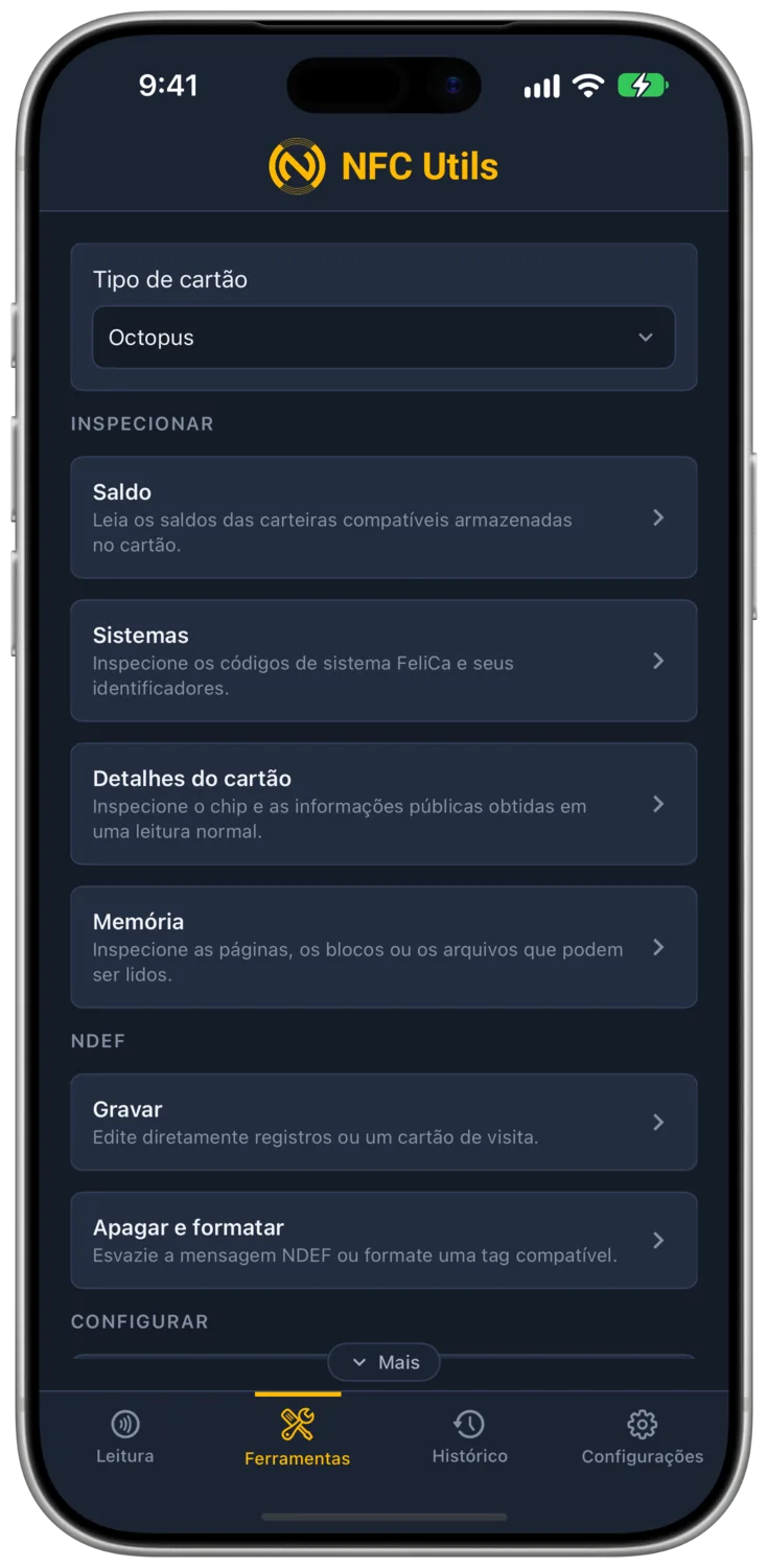 O tipo de cartão Octopus e suas ferramentas de transporte.