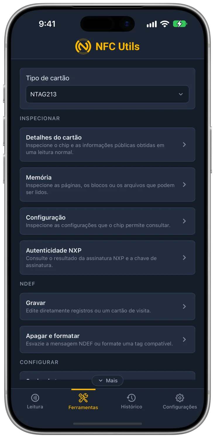 O NFC Utils mostrando o tipo de cartão NTAG213 e suas ferramentas.