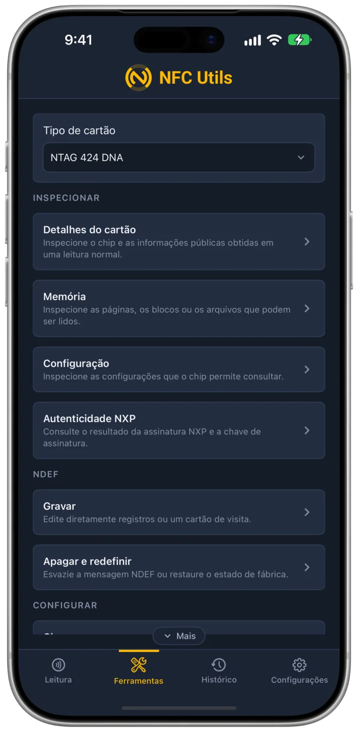 O perfil de cartão NTAG 424 DNA e as seções de ferramentas compatíveis