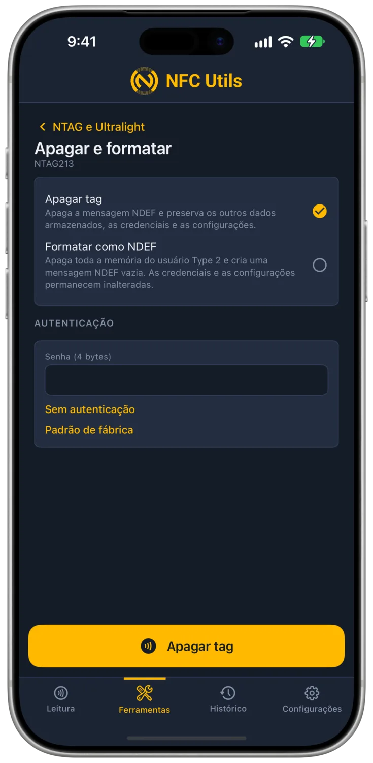 A página Apagar e formatar