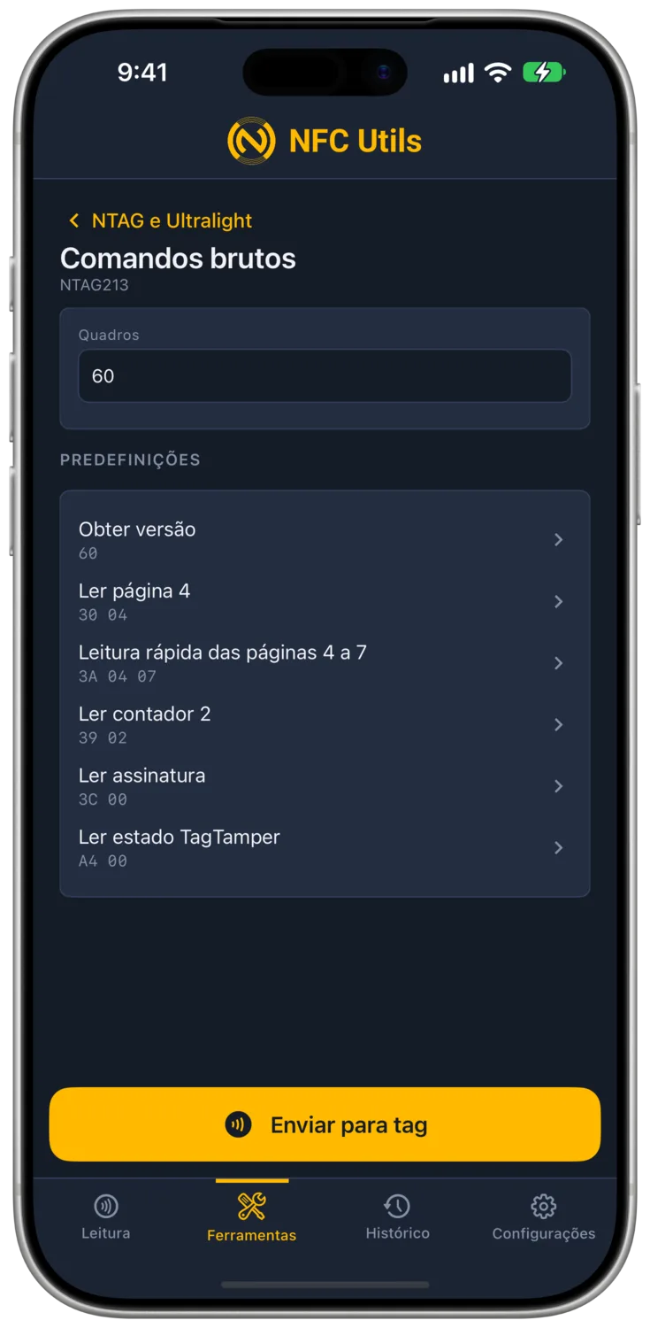 A página Comandos brutos de NTAG com predefinições de leitura específicas do chip