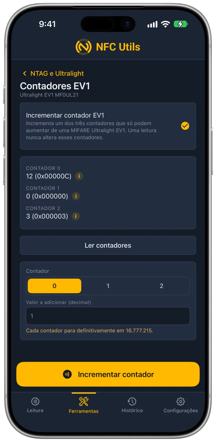 A ferramenta de contadores do Ultralight EV1 com três contadores e um valor de incremento