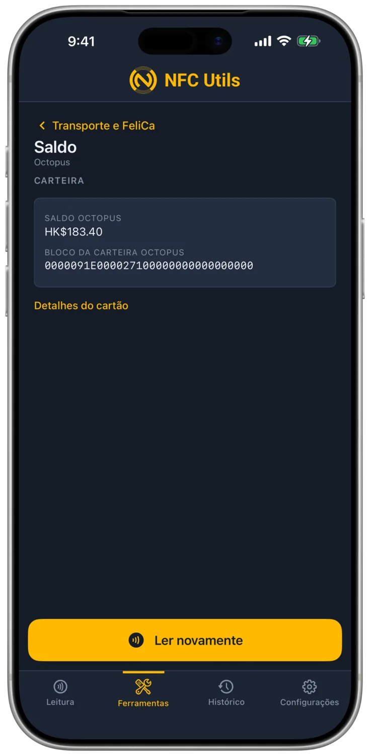 O NFC Utils mostrando um saldo Octopus de HK$183.40