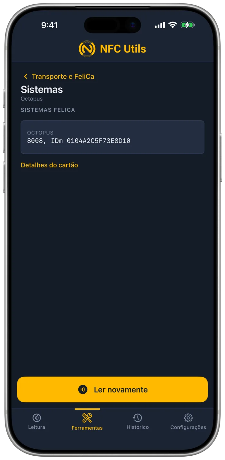 A ferramenta Sistemas FeliCa com as informações de sistema expostas pelo cartão