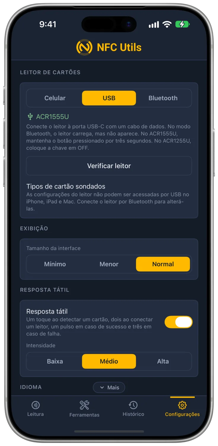 Tipos de cartão sondados em um iPhone por USB explicando que o canal de configurações do leitor está indisponível