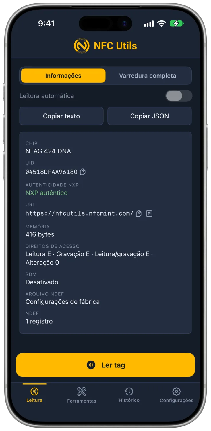 O NFC Utils mostra a leitura de uma etiqueta NTAG 424 DNA com a assinatura de fábrica da NXP verificada.