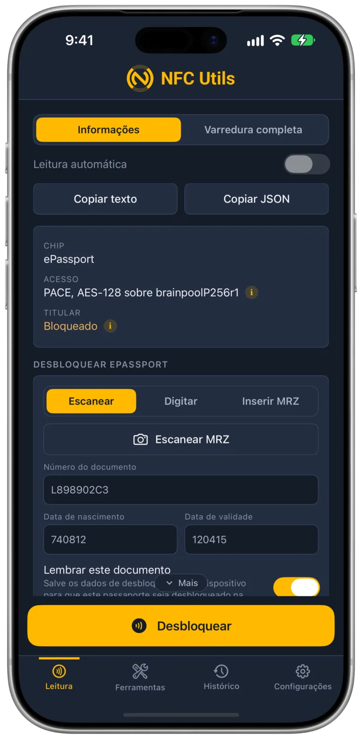 A aba Escanear no NFC Utils com os três campos do passaporte preenchidos a partir do documento de demonstração da ICAO.