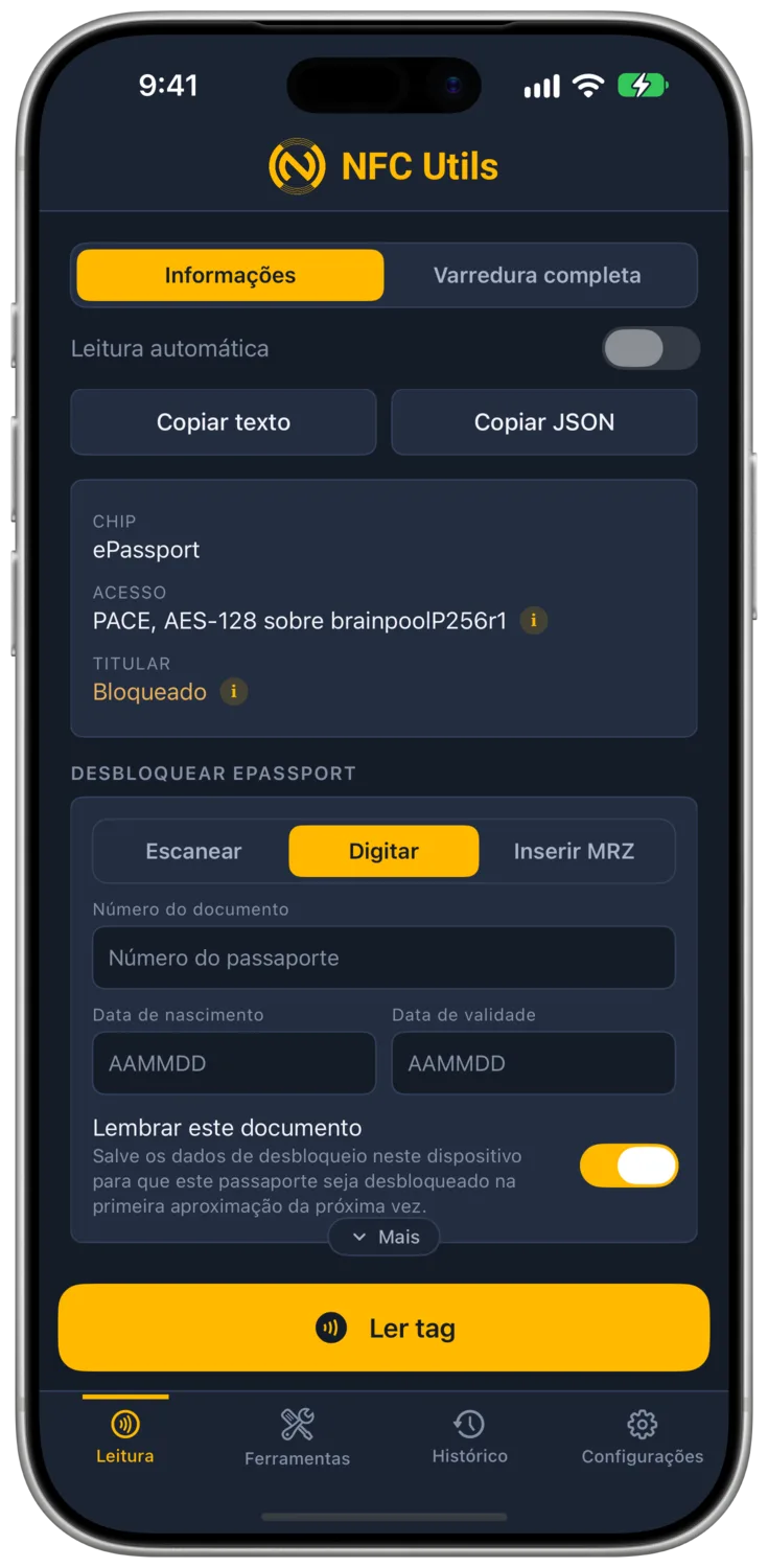 O NFC Utils identifica o ePassport de demonstração com os dados do titular bloqueados.