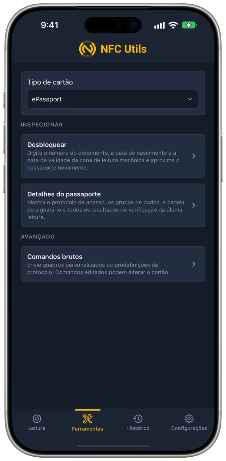 O perfil ePassport em Ferramentas com Desbloquear, Detalhes do passaporte e Comandos brutos.